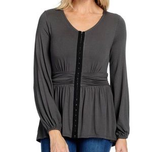 Long sleeve hook & eye closure peplum top blouse Gray